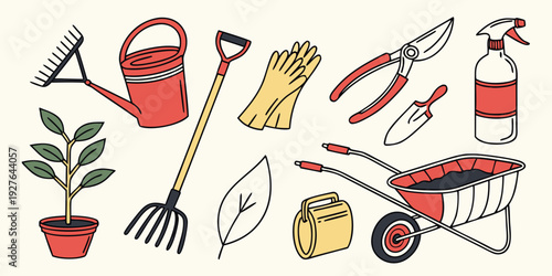 Assorted gardening tools and equipment arranged in a row Vector