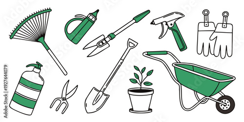 A variety of gardening tools and plants arranged in a visually appealing manner. Vector