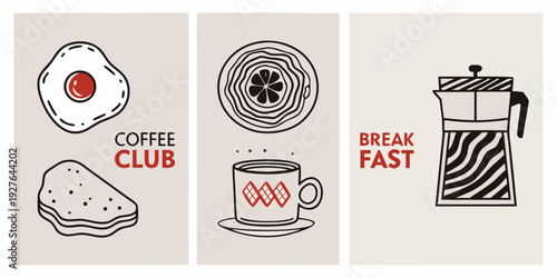 Minimalist breakfast illustrations featuring eggs coffee and toast designs