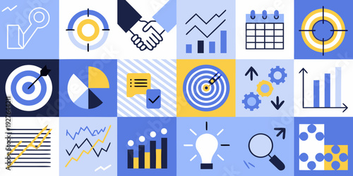 Abstract business illustration featuring various icons and data visualizations