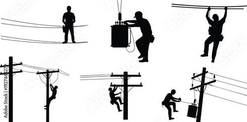 Electric lineman silhouettes collection working on power lines and transformers, utility pole maintenance and repair concept isolated on white background for energy industry