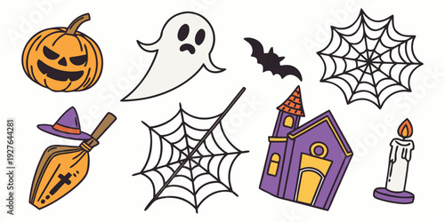 Assorted halloween decorations including ghosts, spiders, and a jack-o-lantern Vector