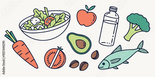 A vibrant and colorful assortment of fresh fruits and vegetables on a white background Vector