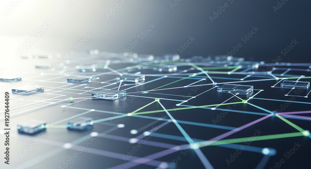 Obraz premium Futuristic Digital Network with Connected Nodes and Data Flow Visualization.