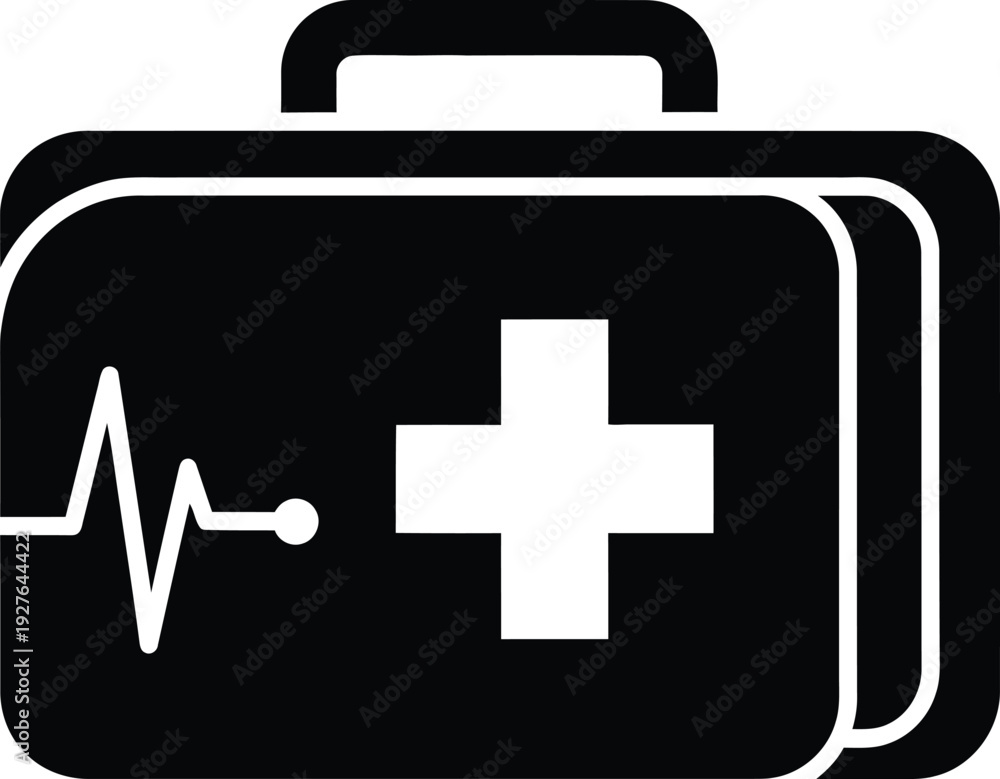 Obraz premium Black and white first aid kit icon with cross and heartbeat line