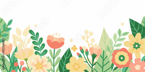 Stylized floral arrangement with colorful blooms and lush green foliage