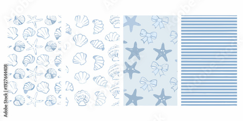 Blue sketches of seashells starfish bows and striped patterns on white