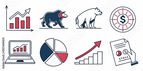 Business and finance icons representing various economic and market concepts Vector