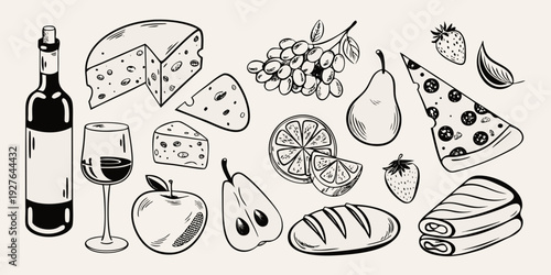 A charming sketch of wine cheese fruit and bread for a picnic