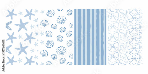 Coastal themed pattern swatches featuring shells stars stripes and bows