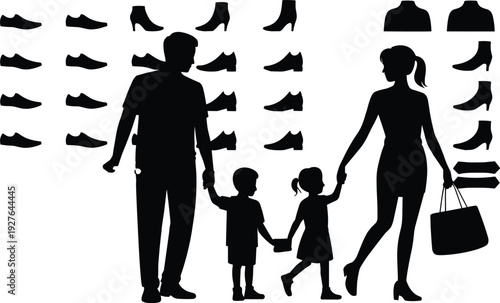 Family shopping silhouette vector with parents and children holding hands, retail store footwear background, lifestyle illustration for consumer, fashion, and mall activity design
