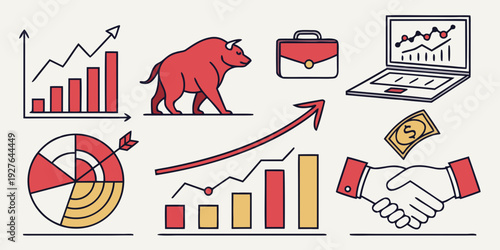 Diverse illustrations representing business, finance, and economic concepts. Vector