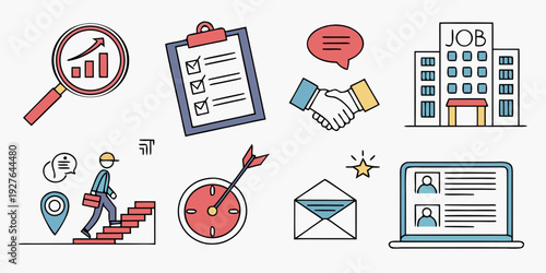 A collection of icons representing various office and business tasks and tools Vector