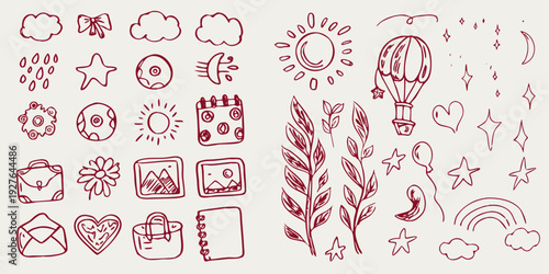 Hand drawn doodle set featuring celestial nature and decorative elements