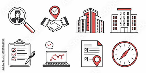 Diverse icons representing various office and business activities and services. Vector