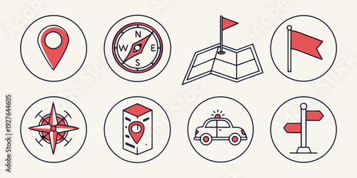Assorted nautical and travel icons arranged in a circular pattern. Vector