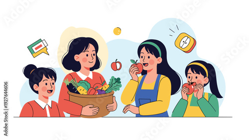 Group of young women enjoy eating fresh red apples and carrying a basket of various healthy vegetables together in a garden or farm setting.