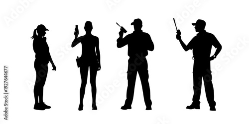 Diverse group of security personnel in various poses and uniforms Vector