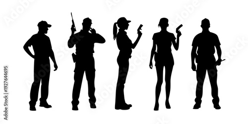 Five people standing in a line, all wearing different types of hats and holding various objects. Vector