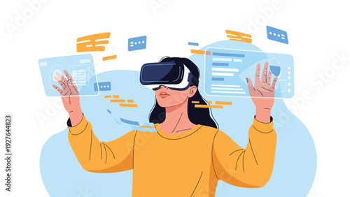 Young woman wearing a virtual reality headset interacts with floating digital screens and data interfaces in a futuristic technology concept.