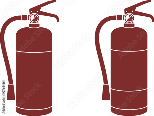 Fire extinguisher icon set with safety equipment symbols, emergency firefighting tools, red cylinder illustration isolated on background for protection and hazard prevention design