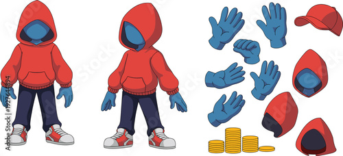 Faceless hoodie character creation set with front and side view, hand gestures, caps and coins, cartoon vector game asset collection