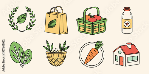 Assorted grocery items including vegetables, fruits, and packaged goods. Vector