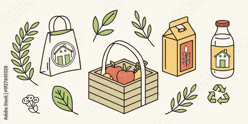 A vibrant display of fresh produce and herbs in a rustic wooden crate. Vector
