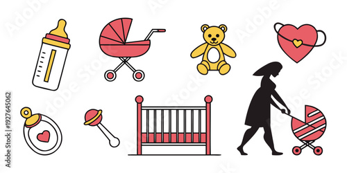 A collection of baby items and a woman pushing a stroller in a park. Vector