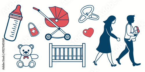 Illustration of various baby items and a mother with her child Vector