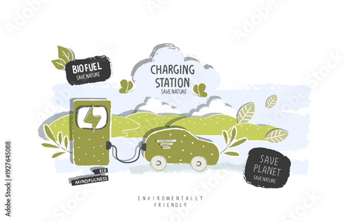 Vector cartoon sketch of charging station on the green hills. Environmentally friendly planet concept. Alternative green energy concept. Sustainable lifestyle.