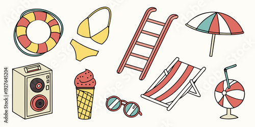 Assorted beach items including a radio, umbrella, and snacks Vector