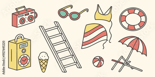 Assorted toys and games scattered on a colorful background Vector