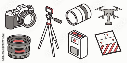 A collection of vintage cameras and photography equipment displayed on a table Vector