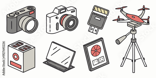 A collection of vintage cameras and photography equipment showcasing the evolution of photography. Vector