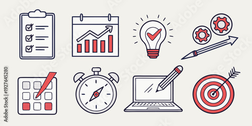 A collection of icons representing business, planning, and productivity concepts. Vector