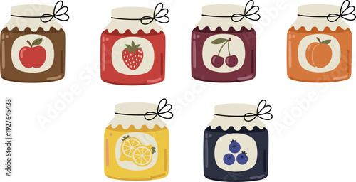 Fruit jam jars collection set with apple, strawberry, cherry, peach, lemon and blueberry flavors, cute food packaging vector illustration isolated on background
