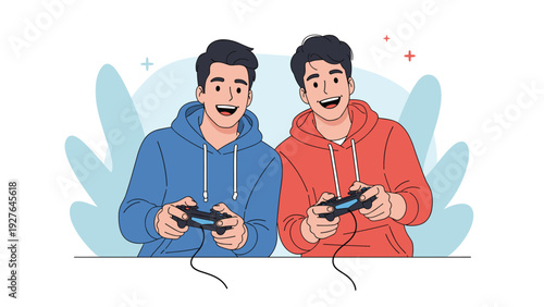 Two excited young men in hoodies play a video game together using controllers while laughing and enjoying a fun gaming session on a sofa.