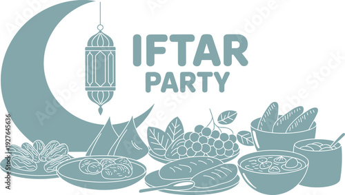 Iftar party vector illustration with crescent moon lantern and traditional food, Ramadan feast design for Islamic celebration, invitation card, menu, and festive branding