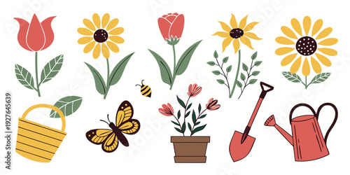Colorful garden illustration featuring flowers, insects, and gardening tools Vector