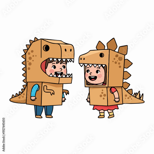 Children Wearing Cardboard Dinosaur Costumes Together.