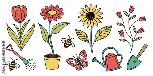 A vibrant and colorful illustration of various flowers and insects in a garden setting Vector