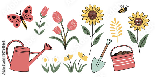 A vibrant illustration of gardening tools and colorful flowers in a whimsical style Vector