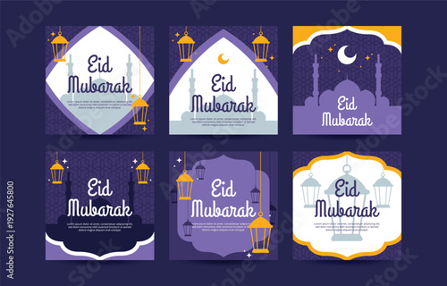 Eid mubarak social media templates featuring lanterns crescent moons and mosques