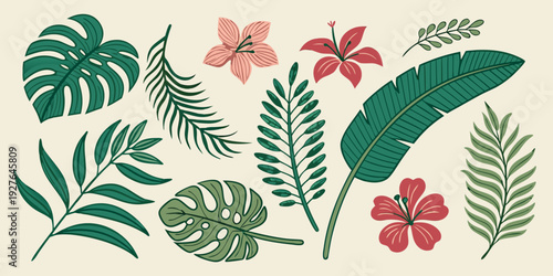 A vibrant collection of tropical leaves and flowers in a lush green setting Vector