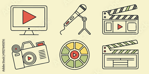 Icons representing various aspects of video production and editing Vector
