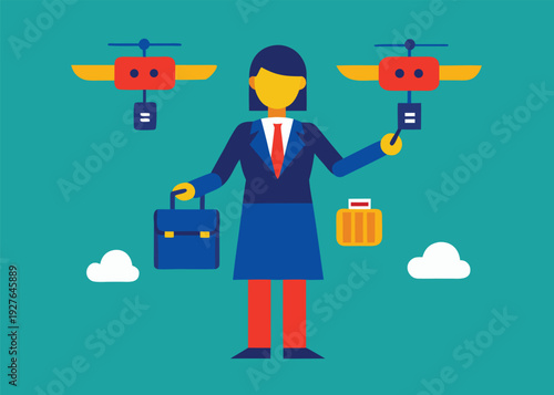 Businesswoman holds a blue briefcase while two yellow AI drones fly above, one drone carries a yellow suitcase with clouds.