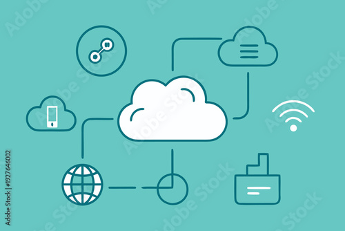 Cloud computing network with linked devices including smartphone, global, and wifi symbols
