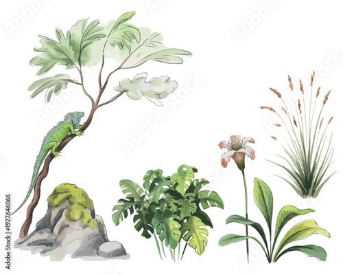 Watercolor illustration of a green iguana on a tree with tropical plants