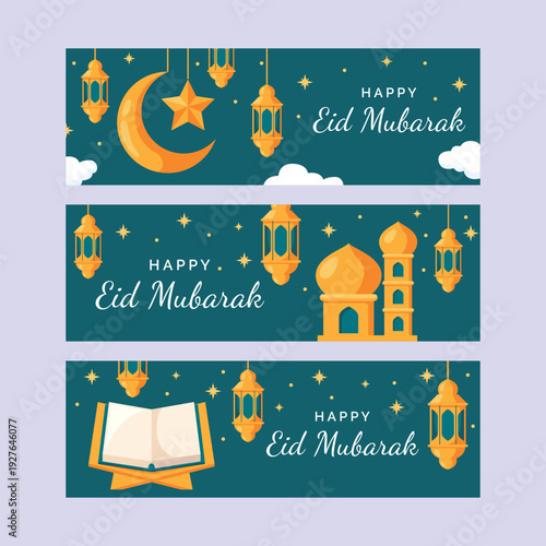 Eid mubarak banner set with crescent moon lanterns mosque and open book